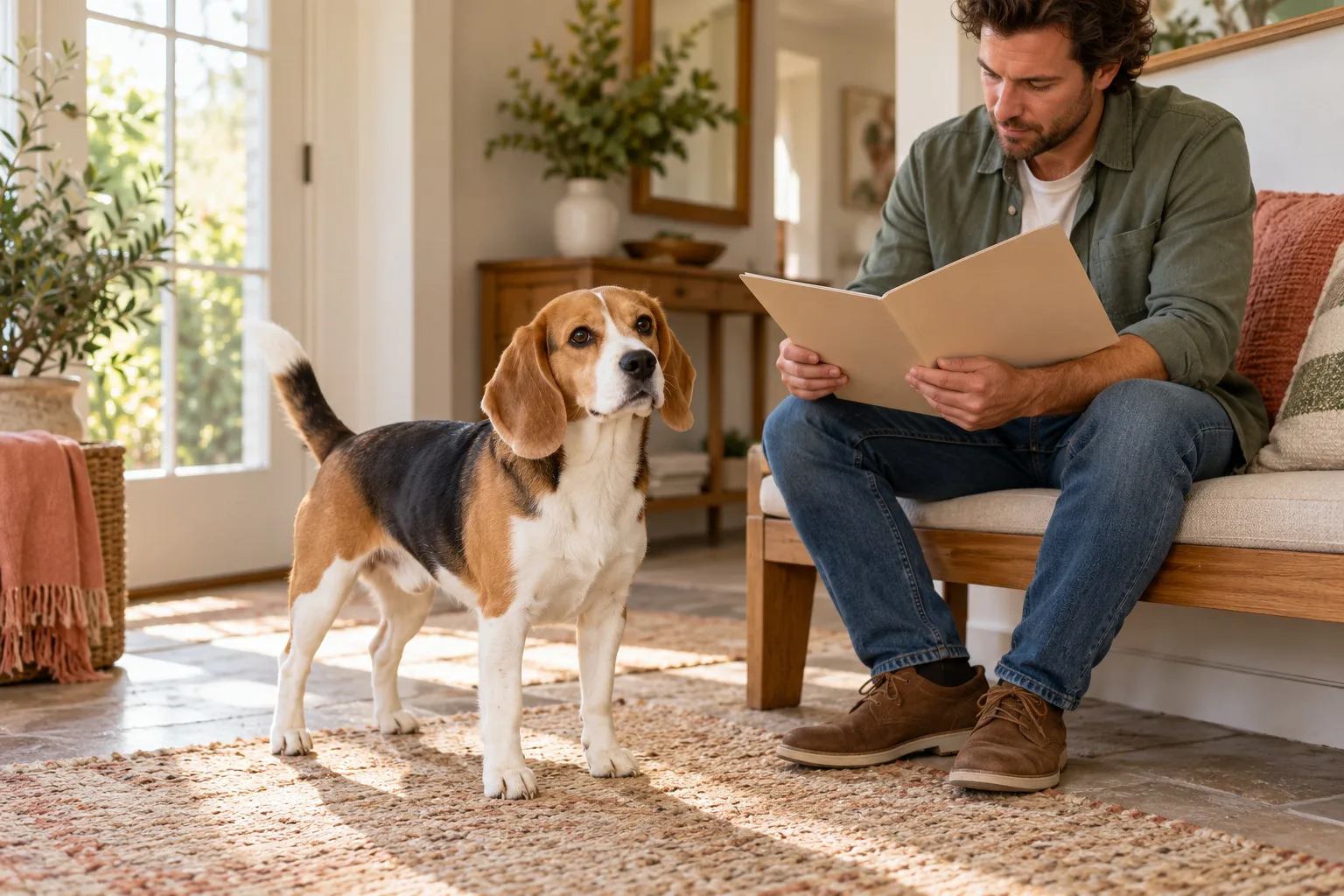 Tricolor Beagle standing beside an owner reading a folder at home